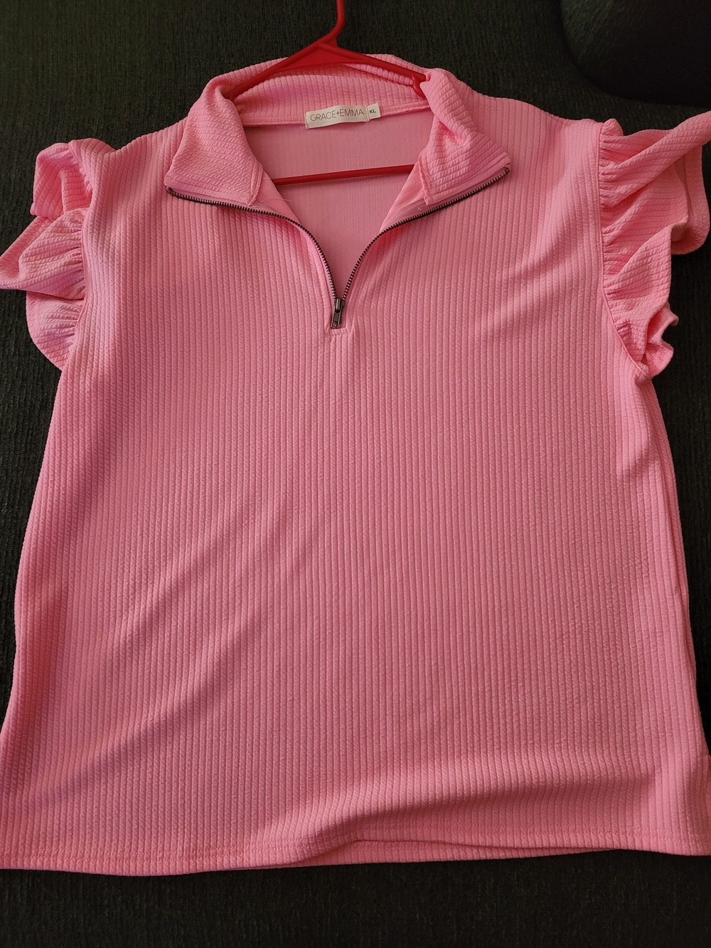 Grace + Emma Pink Ribbed Zip Polo Top with Flutter Short Sleeves